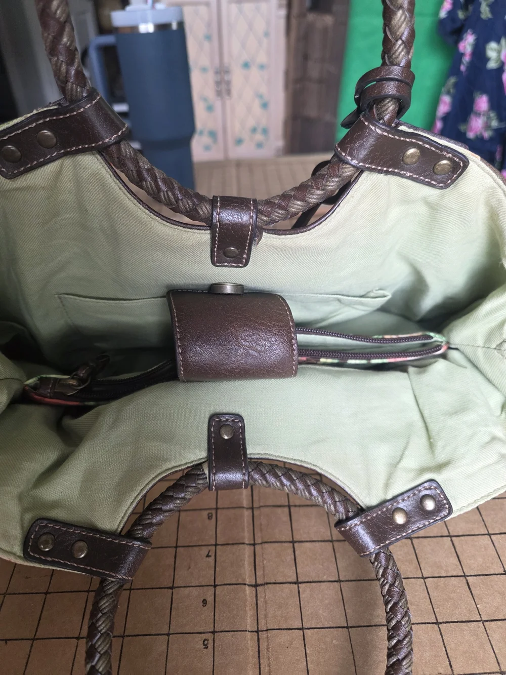 Fossil Spring Floral Canvas Satchel w/ Wooden Key Charm, 16x10, 5” Drop